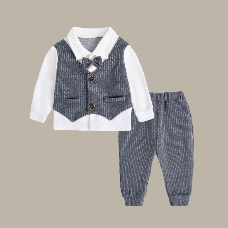 灰色绅士领结竖条翻领小西装裤子套装.jpg