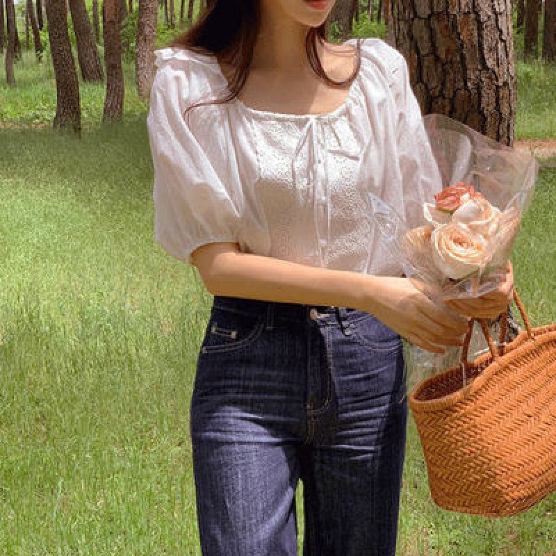 韩国chic夏季法式甜美花边拼接方领系带泡泡袖宽松短袖衬衫上