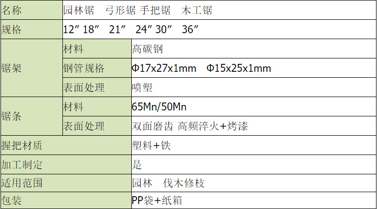 弓形锯尺寸汇总图