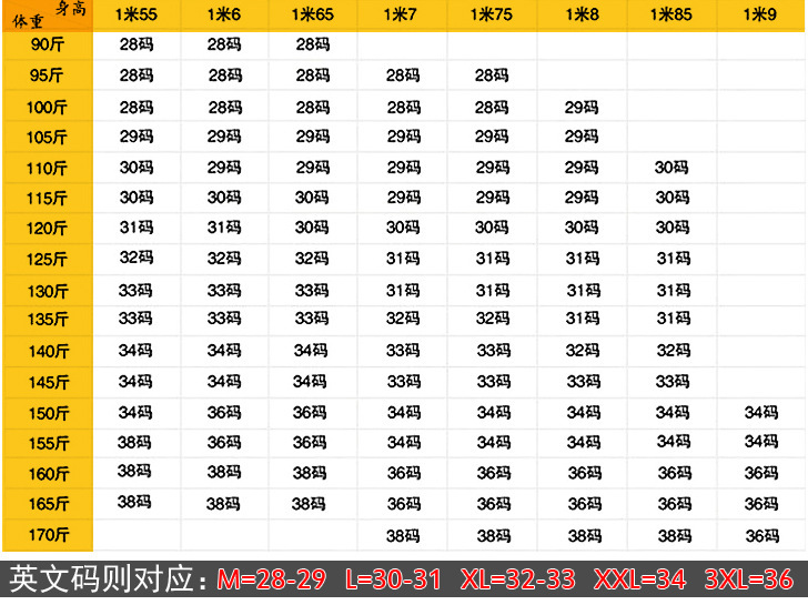 裤子尺码表