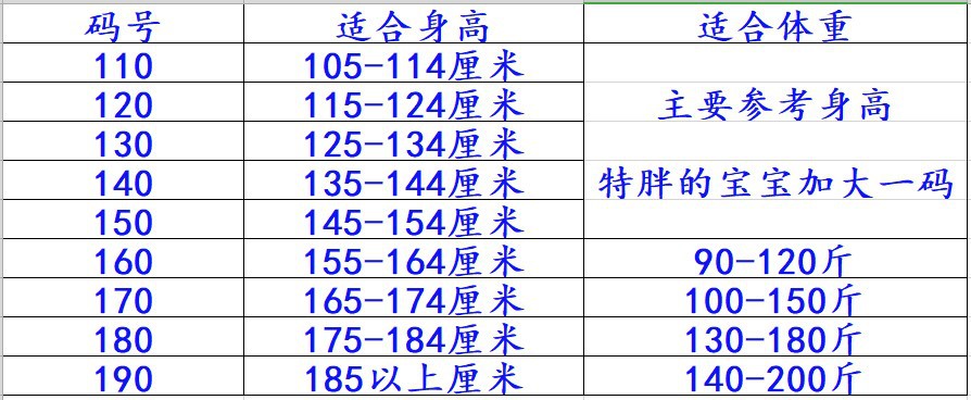 尺码表