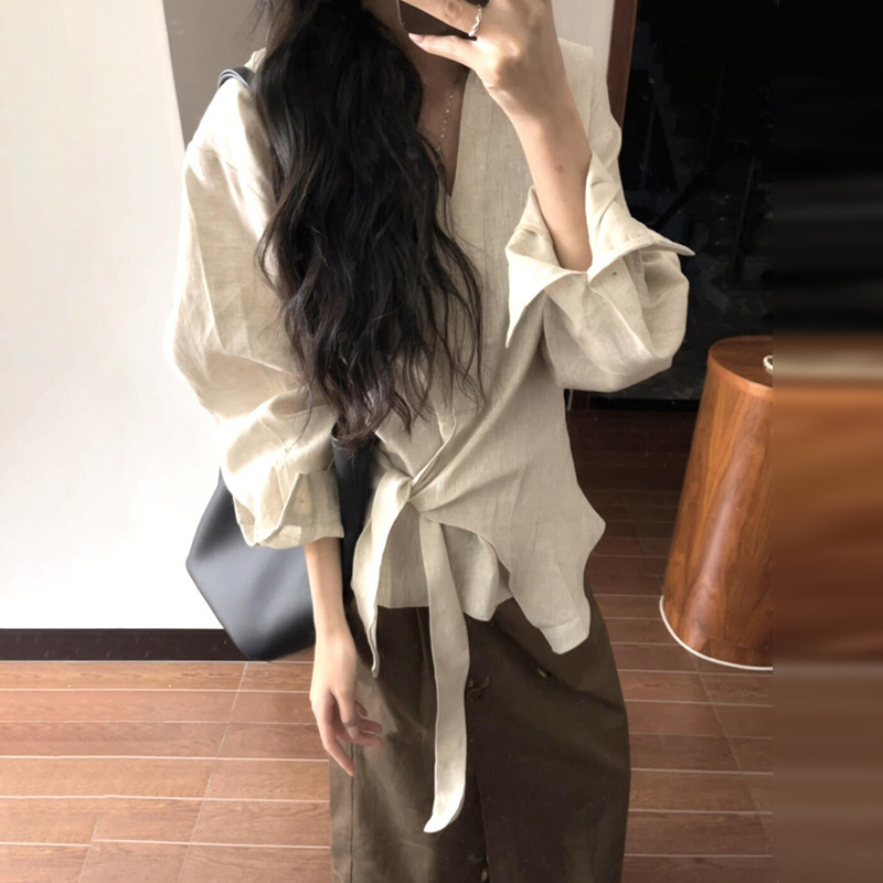 2025超火不规则极简亚麻长袖衬衫衬衣女设计感独特漂亮掐腰上