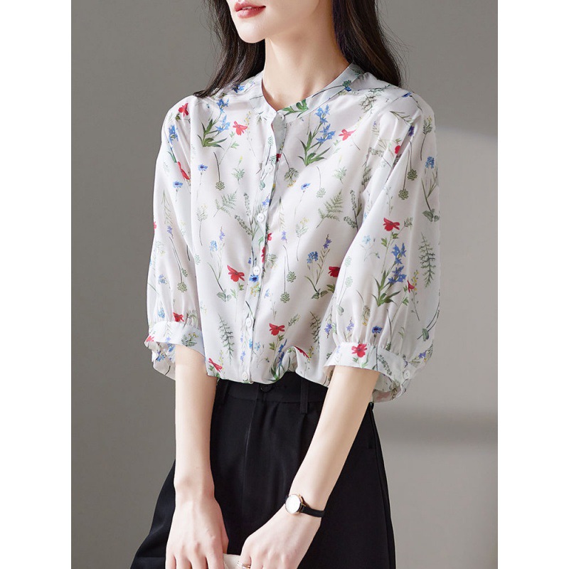 雪纺衫女七分袖夏季2023新款衬衫宽松小清新印花遮肚子显瘦上