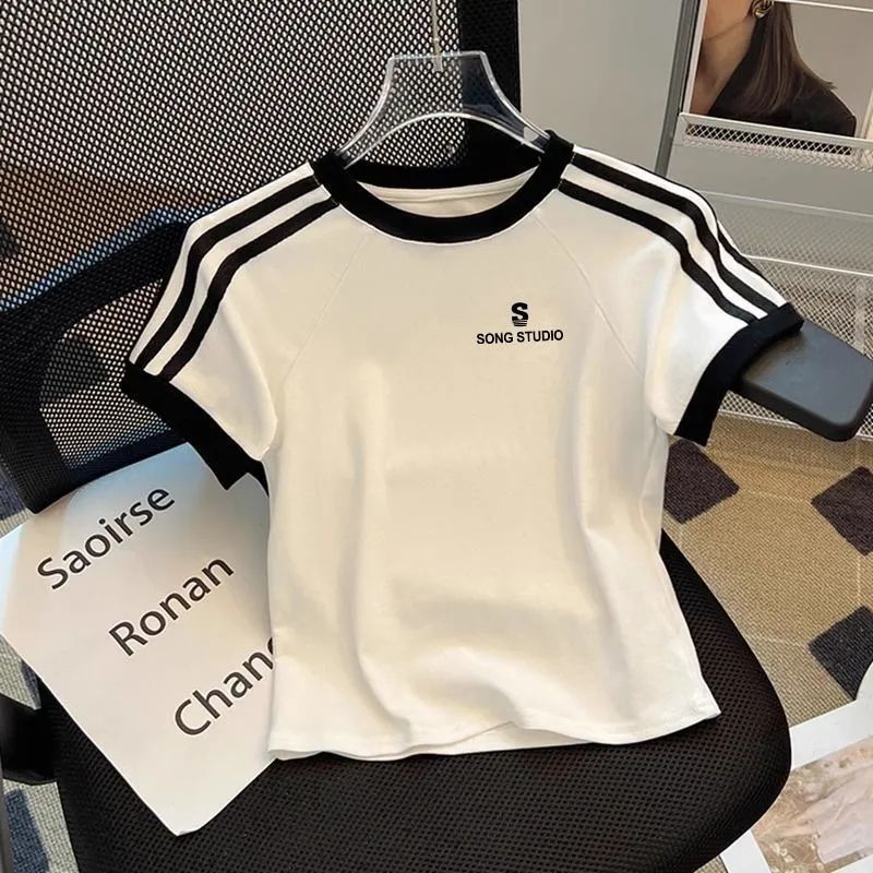 女童夏季新款时髦洋气短款短袖纯棉短袖修身显瘦百搭恤上衣_白色