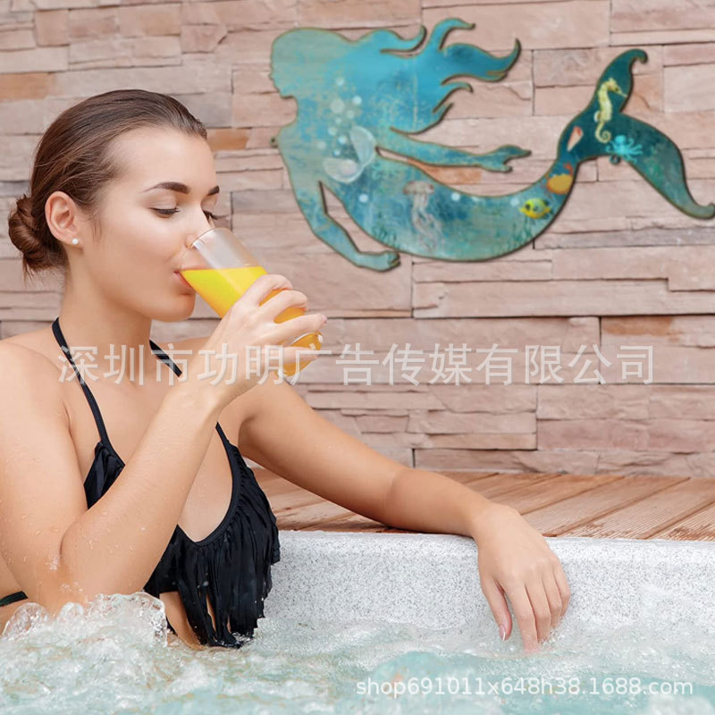 金属美人鱼墙艺术乡村美人鱼挂墙装饰蓝色金属美人鱼装饰不锈钢美人鱼雕塑室墙院子游泳池浴室
