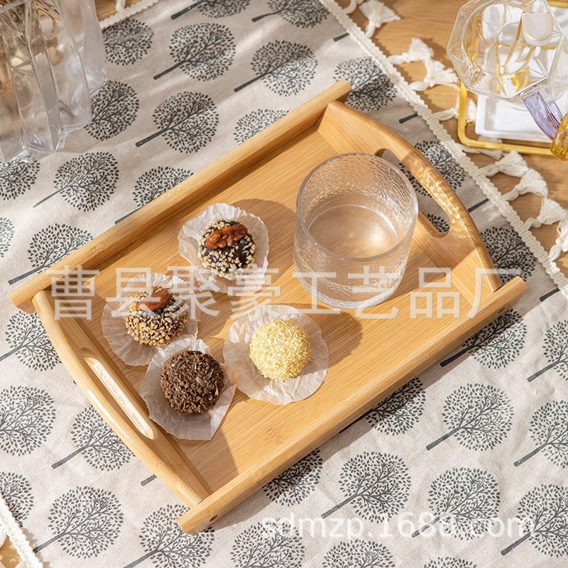 竹制餐厅快餐盘水果托盘长方形双耳竹托盘环保家用茶水杯提手盘子