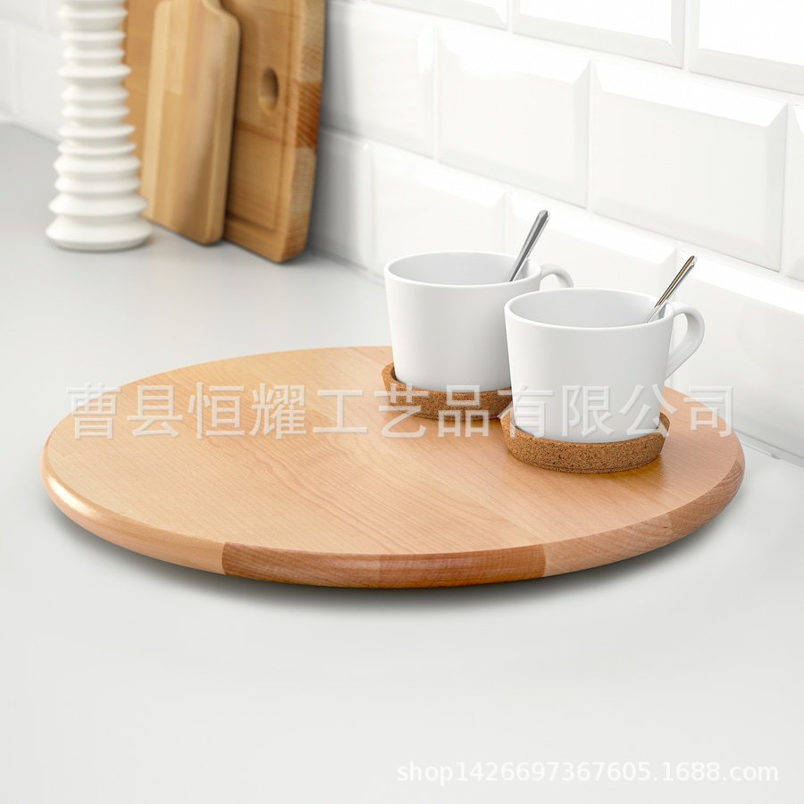 跨境简约橡胶木托盘家用桌面可旋转收纳盘实木圆形懒人托盘展示架