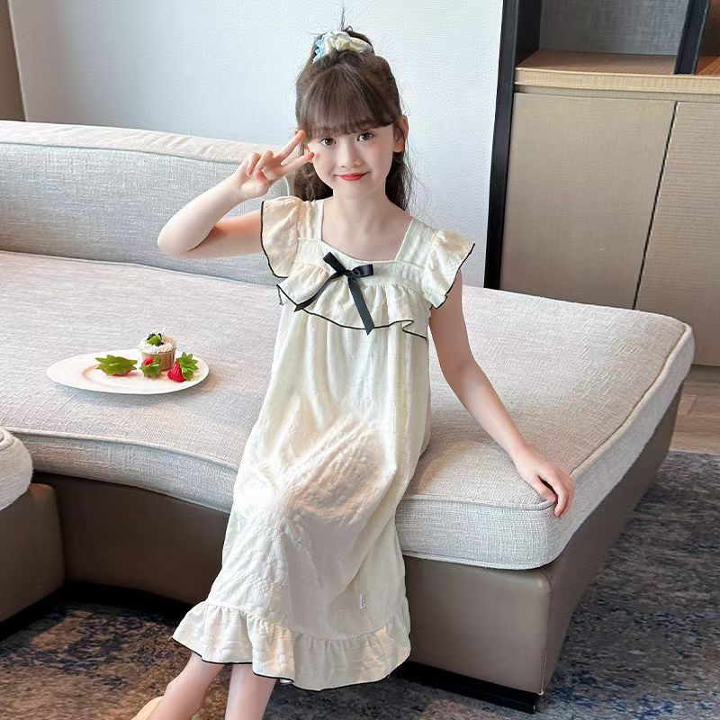 2025夏季儿童睡衣女薄款云朵棉短袖方领裙空调服大中小童家居