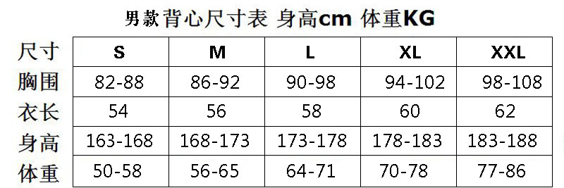 男款背心尺寸表