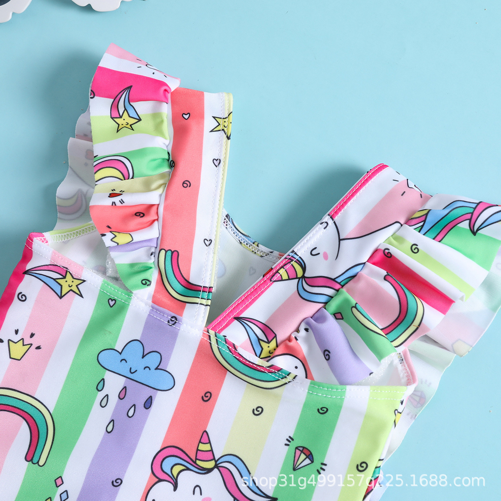 独角兽印花女童飞袖荷叶边连体女宝宝三角温泉沙滩游泳