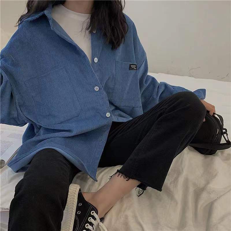 灯芯绒衬衫女秋季长袖上衣春秋韩版宽松bf慵懒男友风蓝色衬衣外