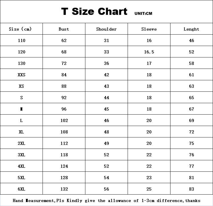3D短袖T恤尺码表