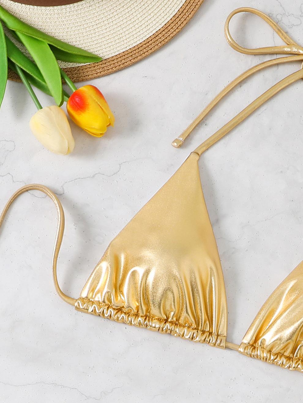 商品详情图_欧美新款泳衣女烫金三件套性感比基尼纯色金属分体三