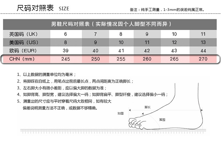 尺码对照