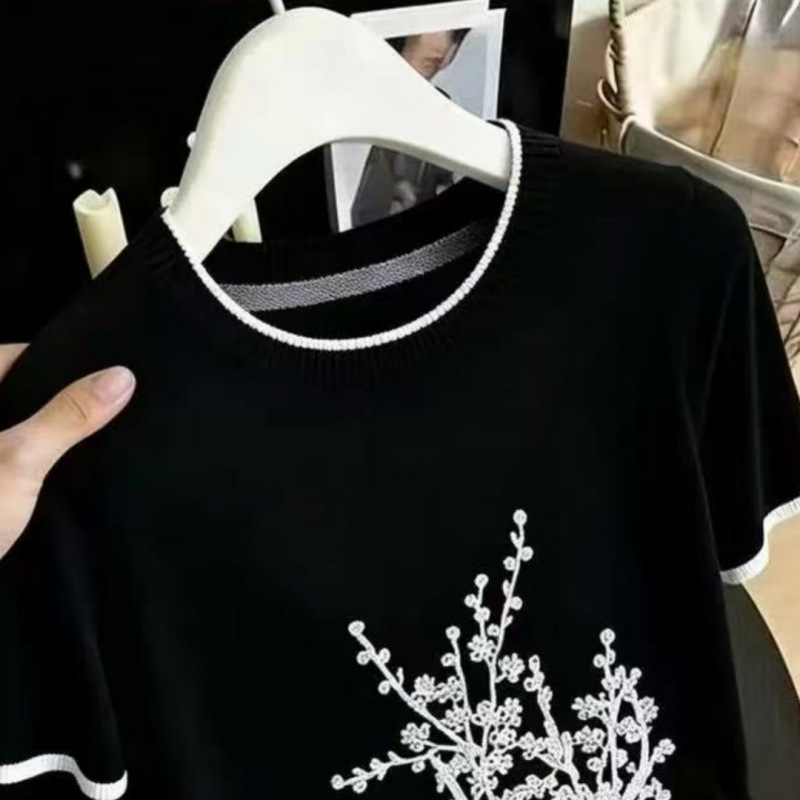 实拍！实拍！2026夏季薄款圆领刺绣冰丝针织衫短袖T恤打底衫