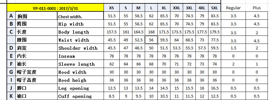 yp011 size chart
