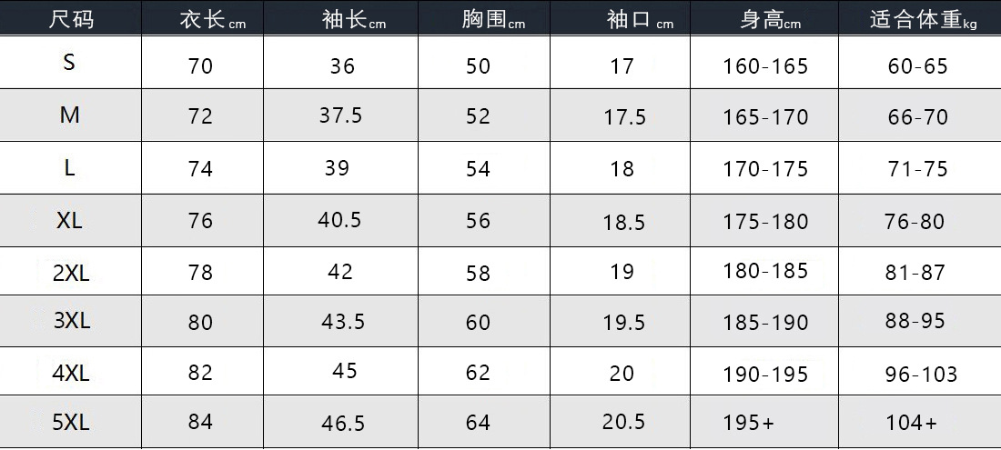 尺寸表S-5XL