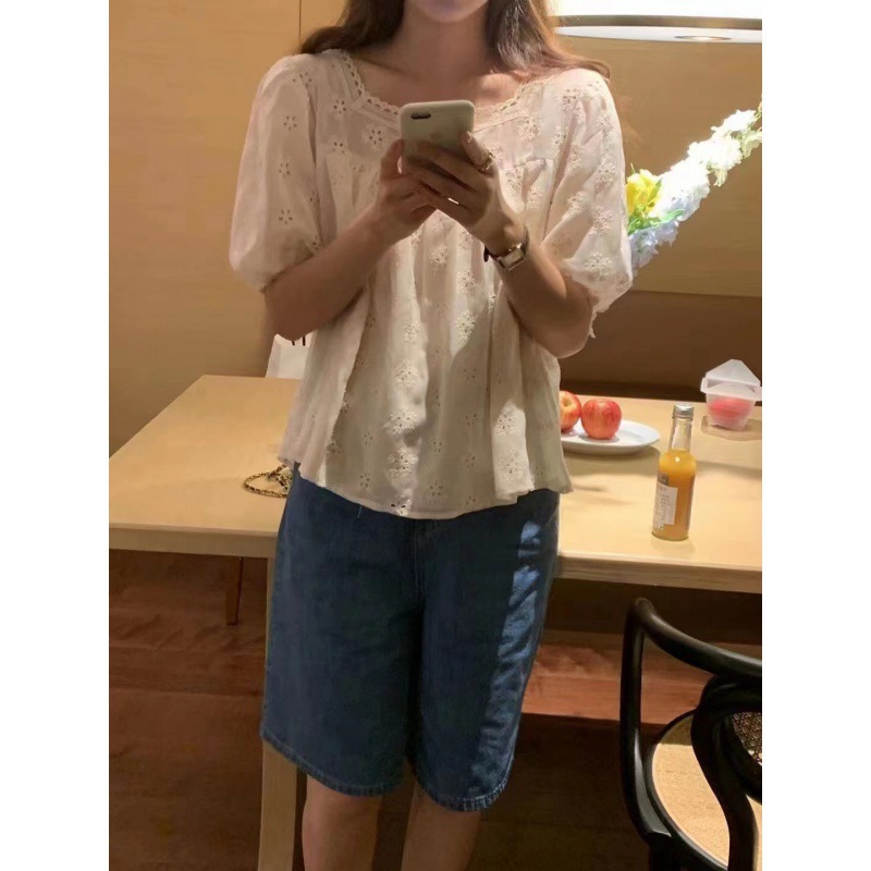 韩国东大门年夏季新款时尚方领重工蕾丝边镂空刺绣衬衫上衣女_2