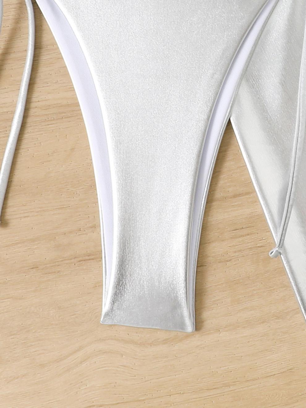 商品详情图_欧美新款泳衣女烫金三件套性感比基尼纯色金属分体三