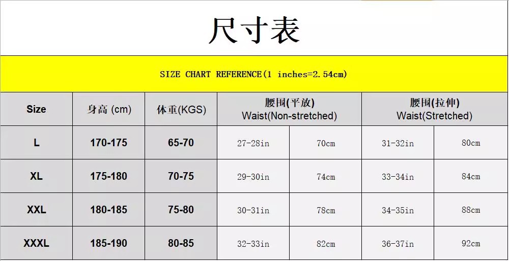 男士泳裤尺寸表