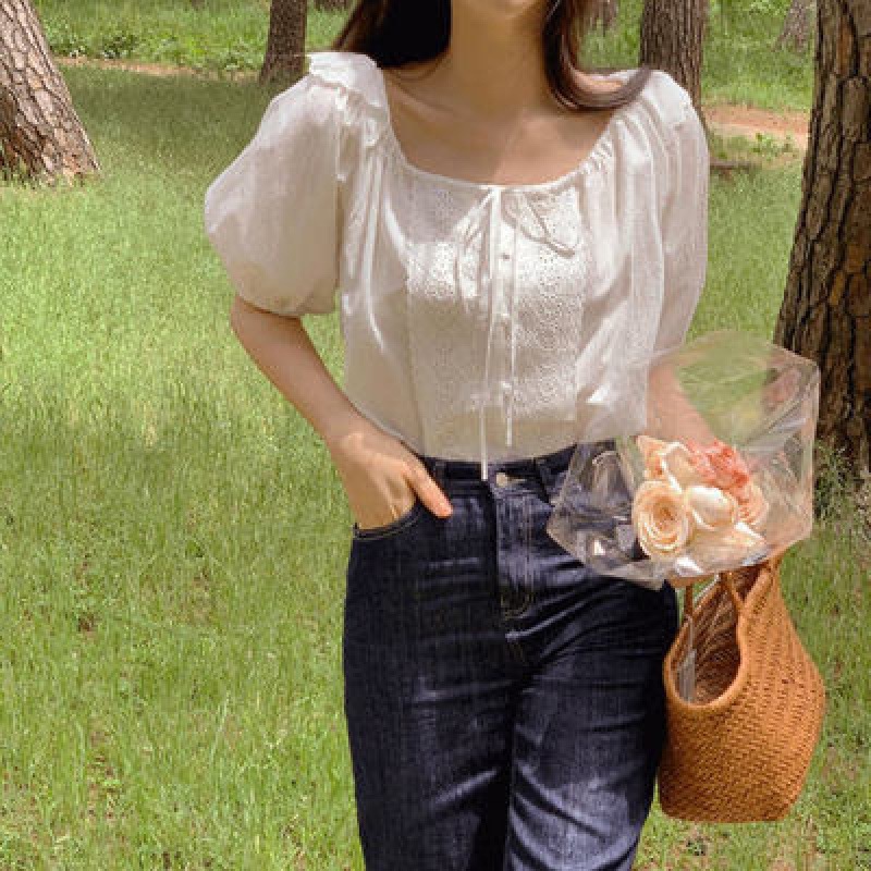 韩国chic夏季法式甜美花边拼接方领系带泡泡袖宽松短袖衬衫上