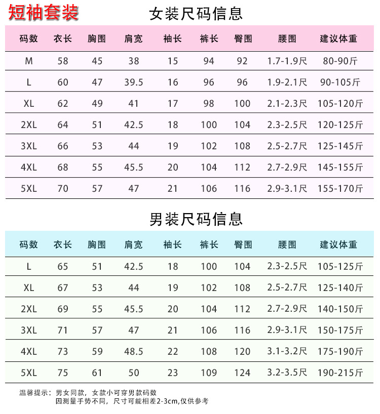 短袖尺码表