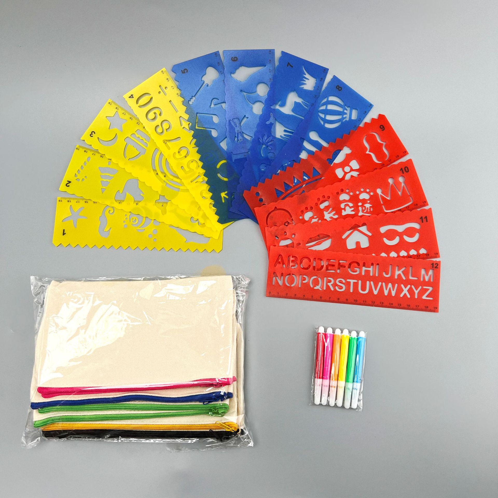10个帆布袋+12片彩色模板+6支水彩笔短