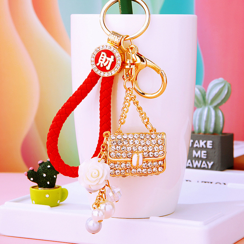 红招财绳+珍珠小挎包白色