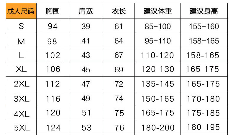 成人尺码表
