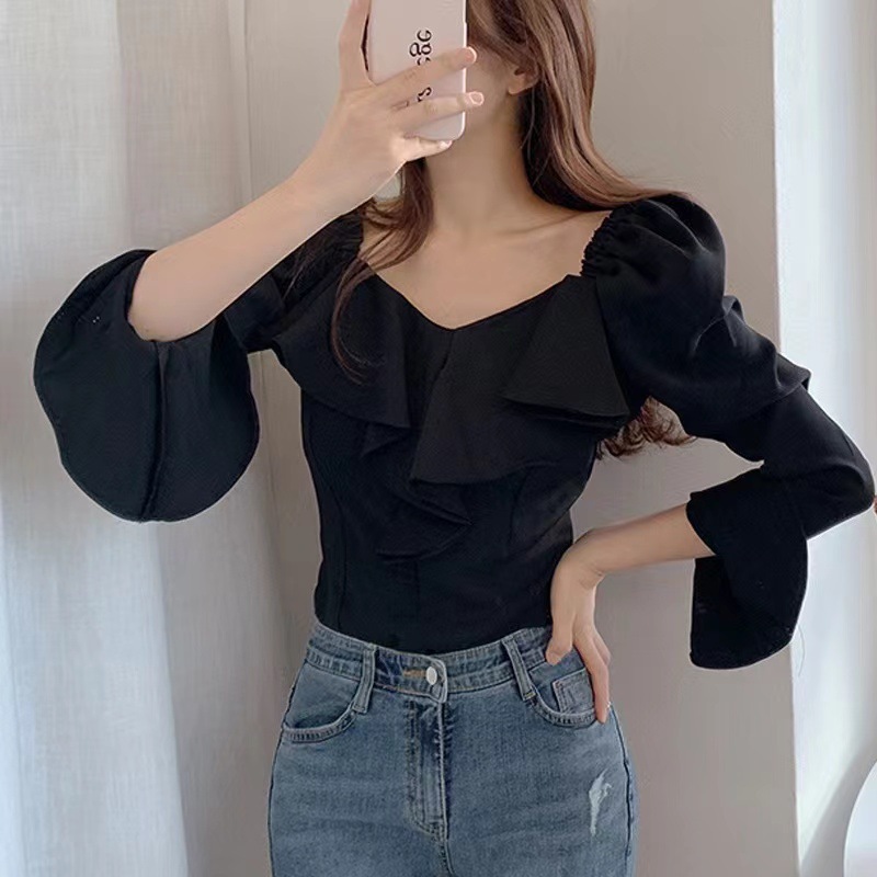 2024春秋装法式木耳边修身长袖衬衫女设计感小众小个子显高显