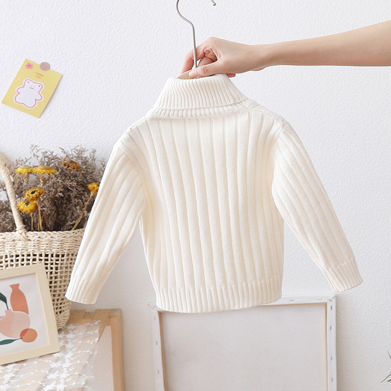 女童白色毛衣加绒加厚可爱纯色内搭针织打底衫圣诞节冬