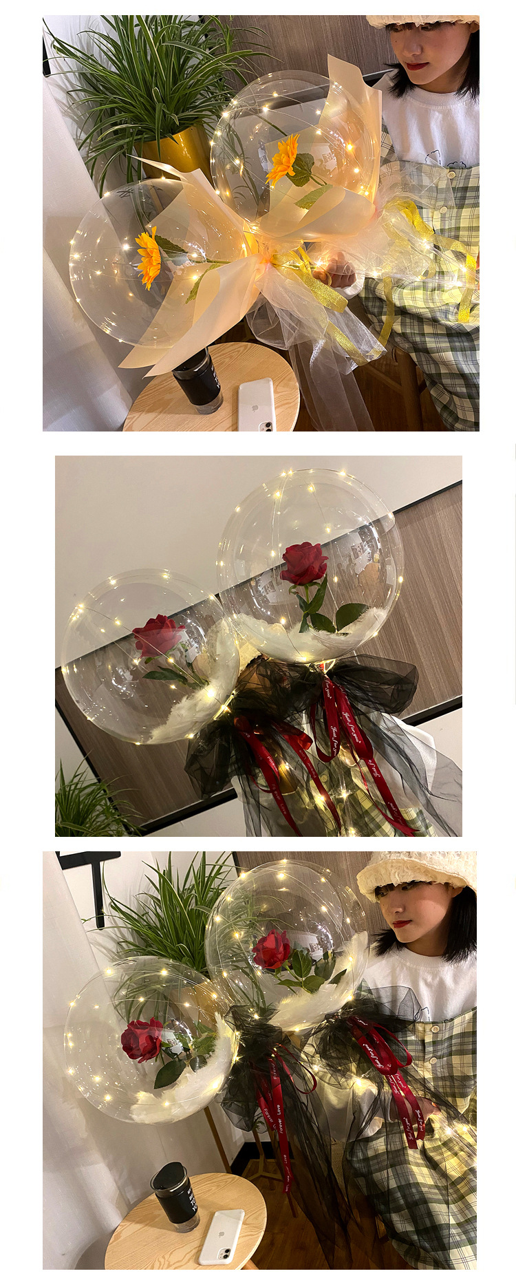 网红玫瑰花波波球发光透明带灯告白