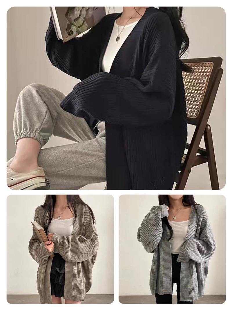 商品详情图_韩国秋冬简约纯色慵懒宽松休闲百搭中长款毛衣外套女