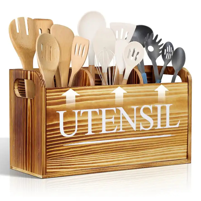 批发厨房木质收纳盒餐具整理分类多格木盒复古手柄实木储物盒BS