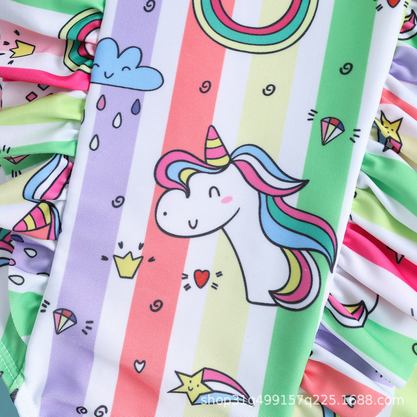 独角兽印花女童飞袖荷叶边连体女宝宝三角温泉沙滩游泳