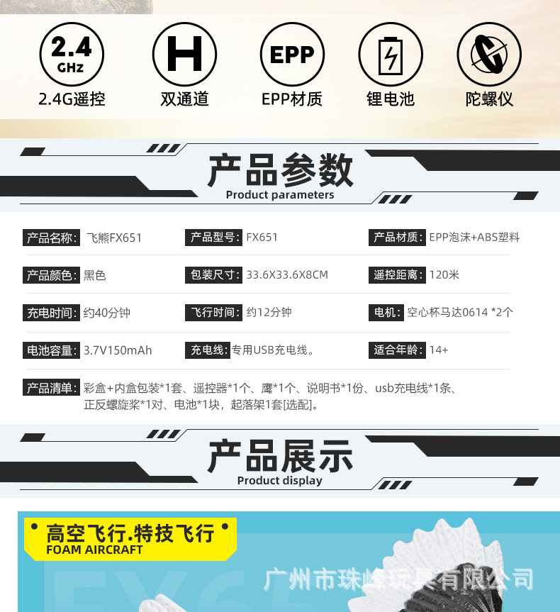 飞熊FX651遥控老鹰固定翼飞机白头鹰滑翔机