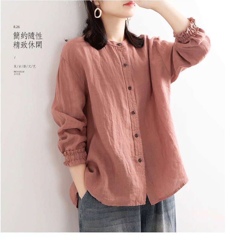 文艺复古女秋季棉麻衬衫女宽松圆领衬衣长袖休闲外套收口袖上衣女-tmall_01.gif