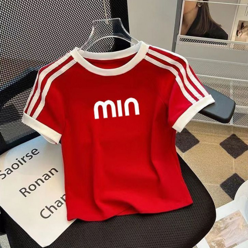 三条杠条纹拼接字母印花显瘦短款短袖恤女夏季新款女童上衣_1