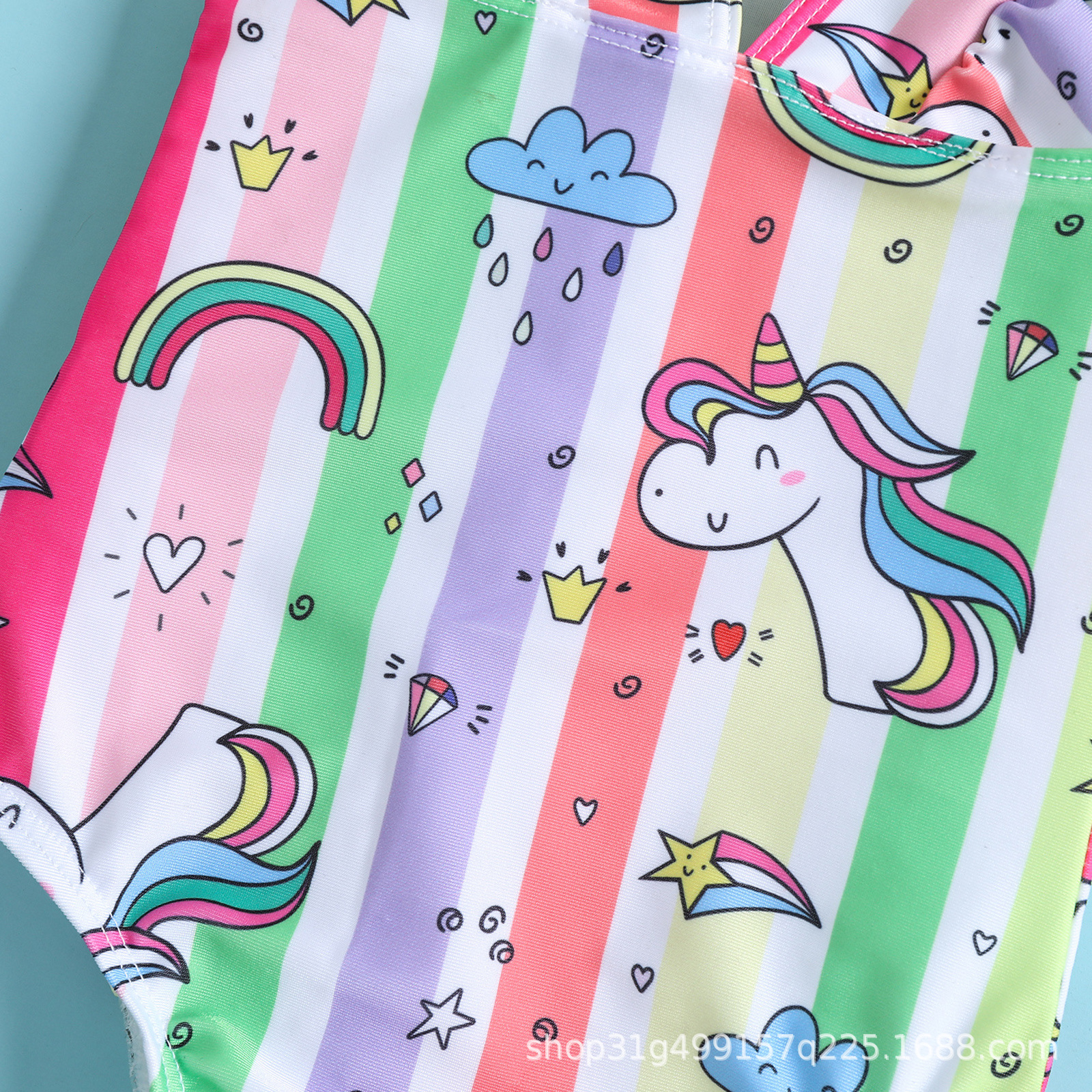 独角兽印花女童飞袖荷叶边连体女宝宝三角温泉沙滩游泳