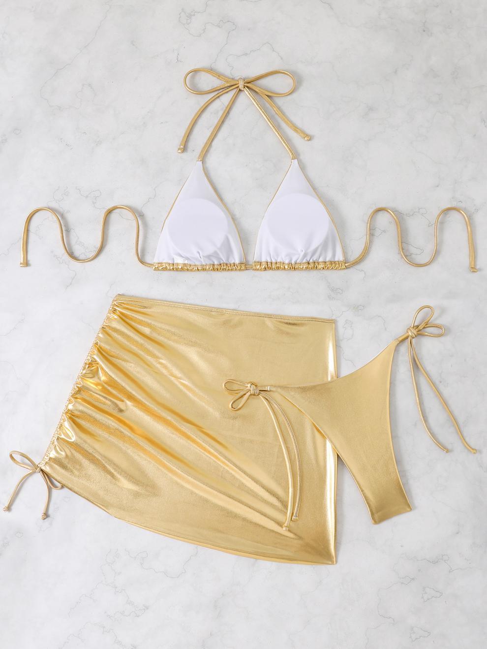 商品详情图_欧美新款泳衣女烫金三件套性感比基尼纯色金属分体三