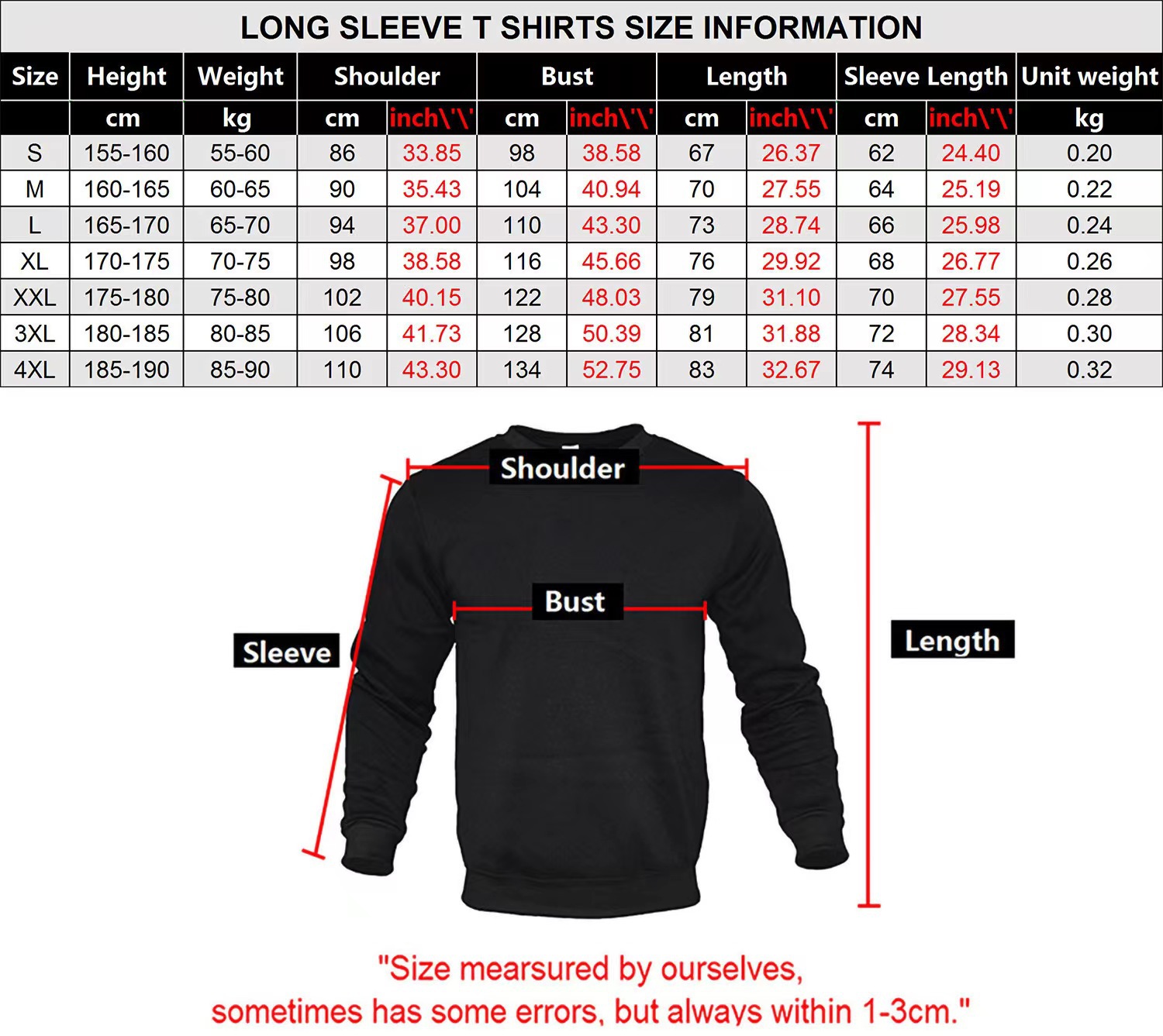 圆领卫衣尺码表