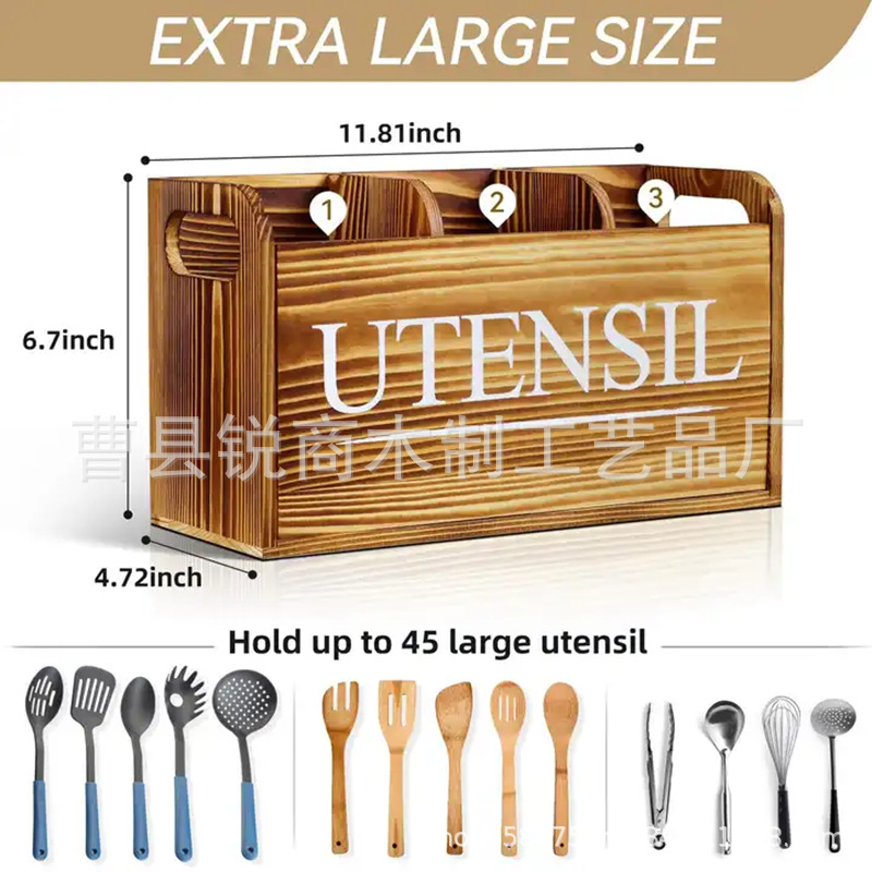 批发厨房木质收纳盒餐具整理分类多格木盒复古手柄实木储物盒BS