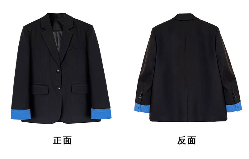 袖口蓝色拼接西装外套正反面