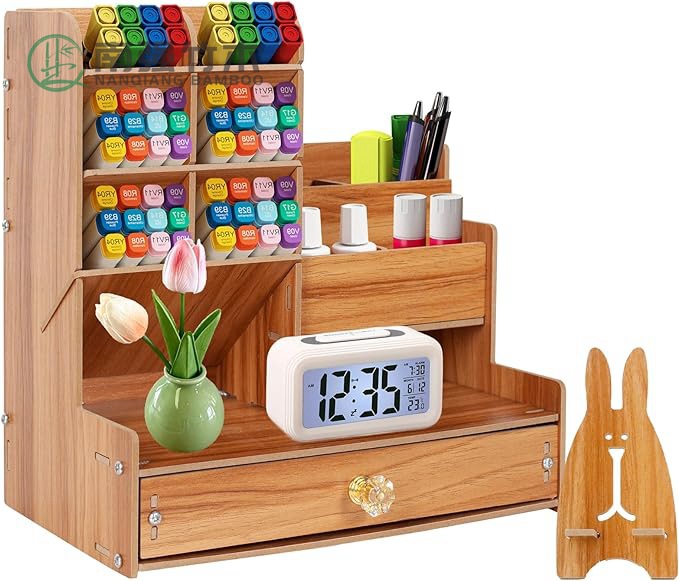 木制办公桌收纳盒,桌面文具支架,用于笔标记,化妆刷,口红存储