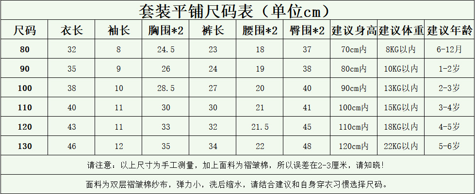短袖套装尺寸表