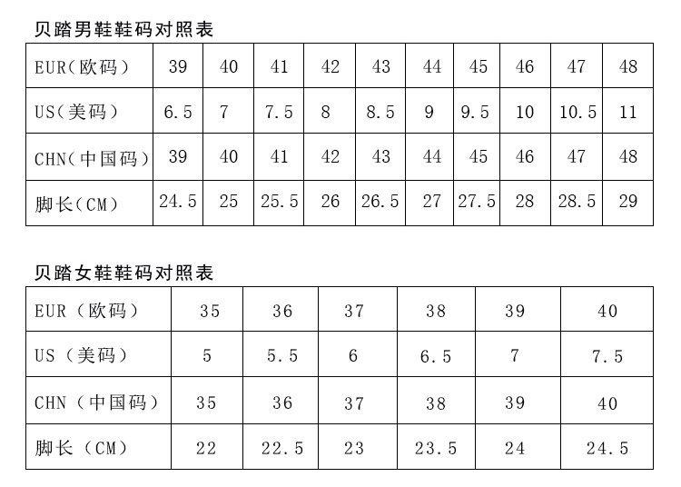 贝踏鞋码对照表1