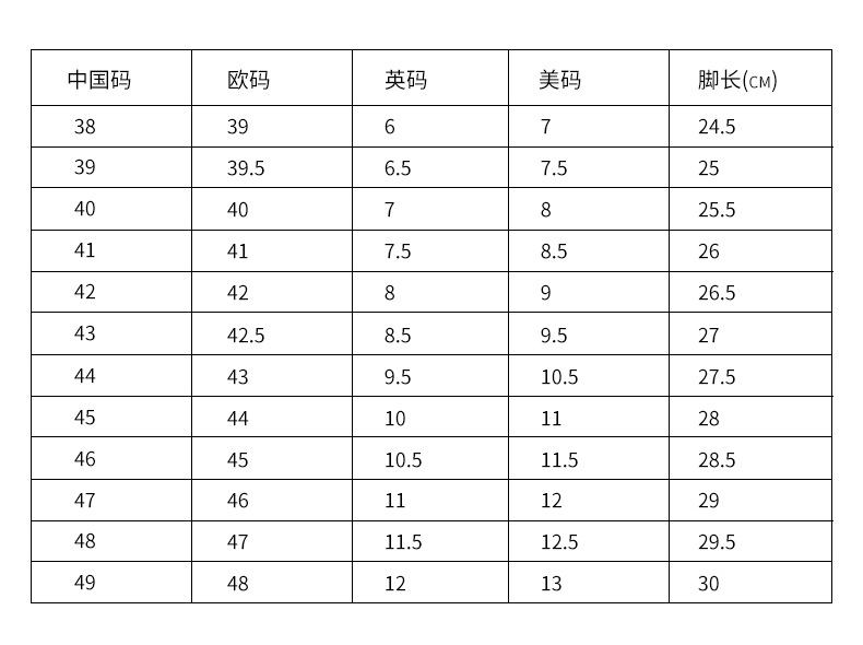 加宽尺码表