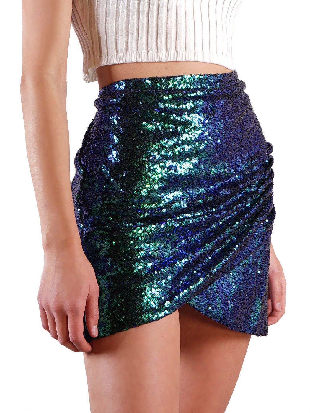 亚马逊独立站时尚女式短款褶皱下摆紧身亮片珠片铅笔迷