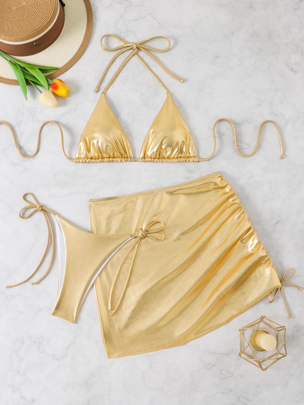 商品详情图_欧美新款泳衣女烫金三件套性感比基尼纯色金属分体三