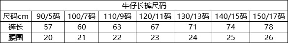 牛仔长裤尺码